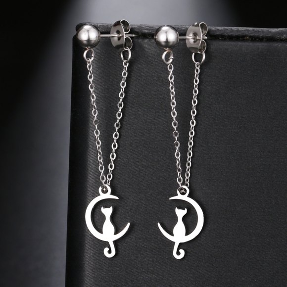 Delicate Moon Cat Earrings - Picture 2 of 5